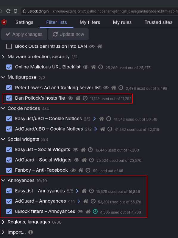 Screenshot of uBlock settings
